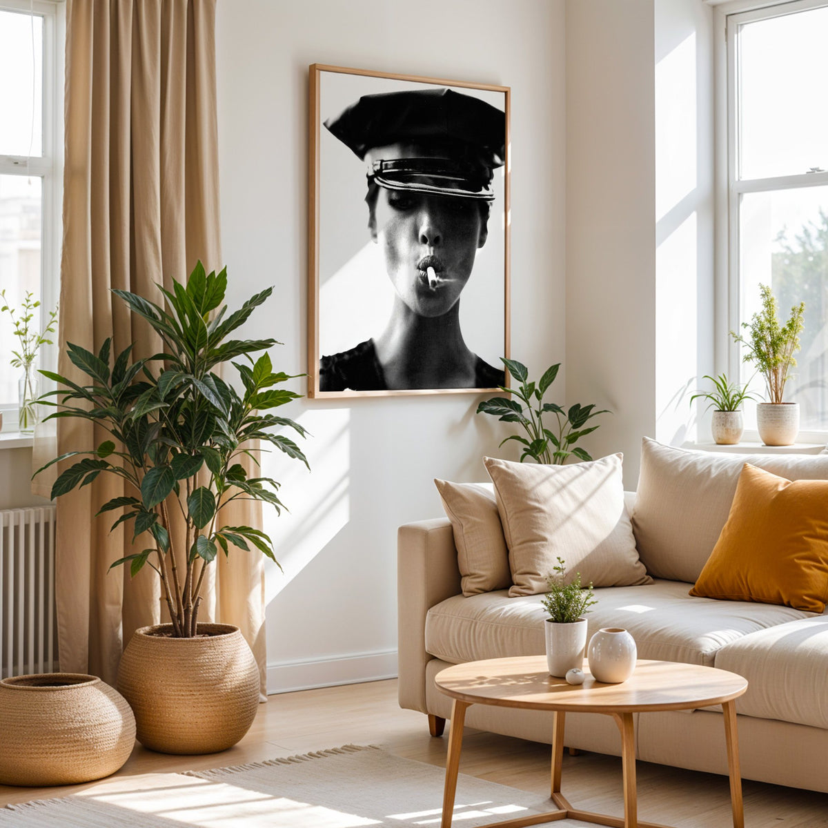 Close portrait under glossy leather cap print in an oak frame above a cream sofa beside woven planters
