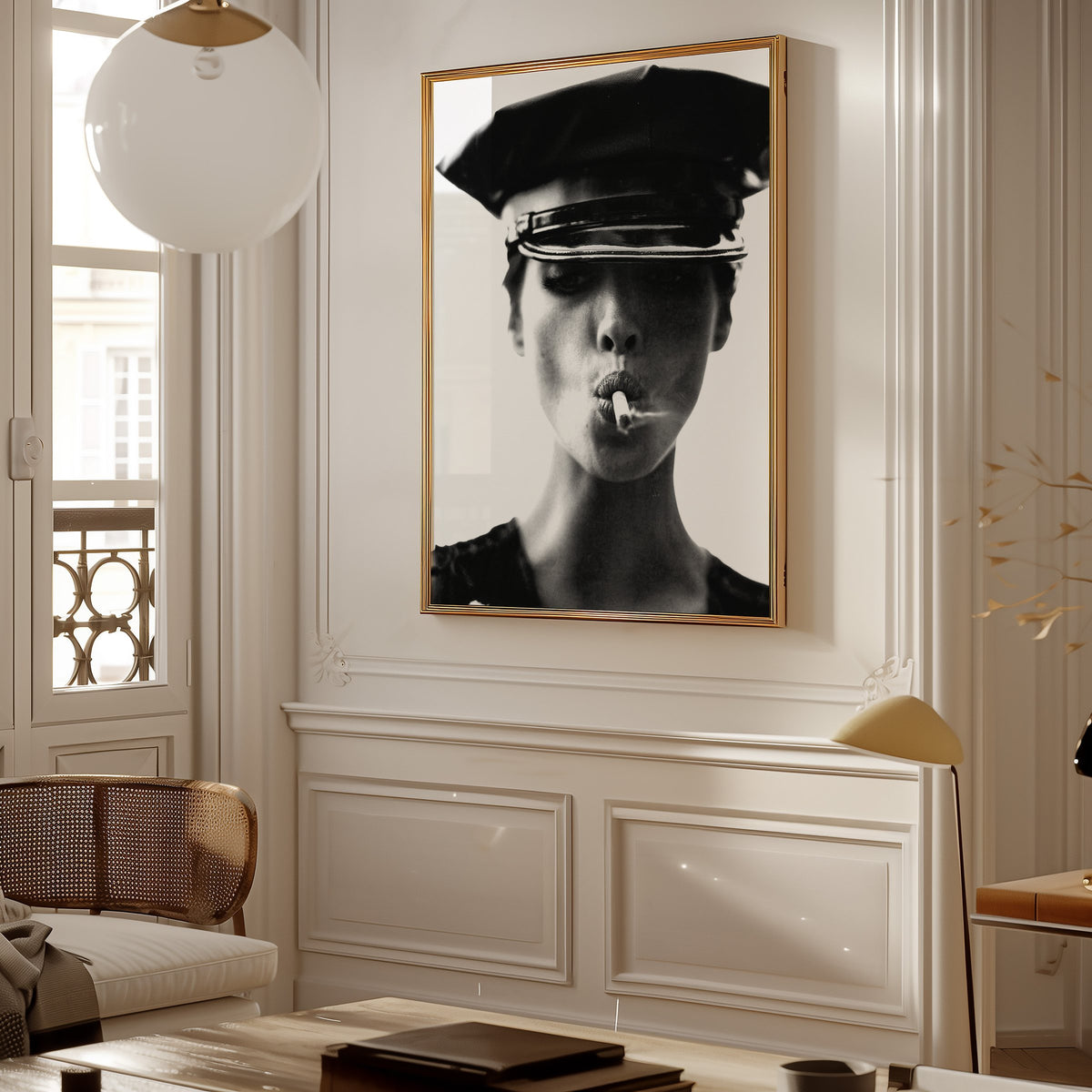 Close portrait under glossy leather cap print shown in a gold frame in a Parisian paneled living room