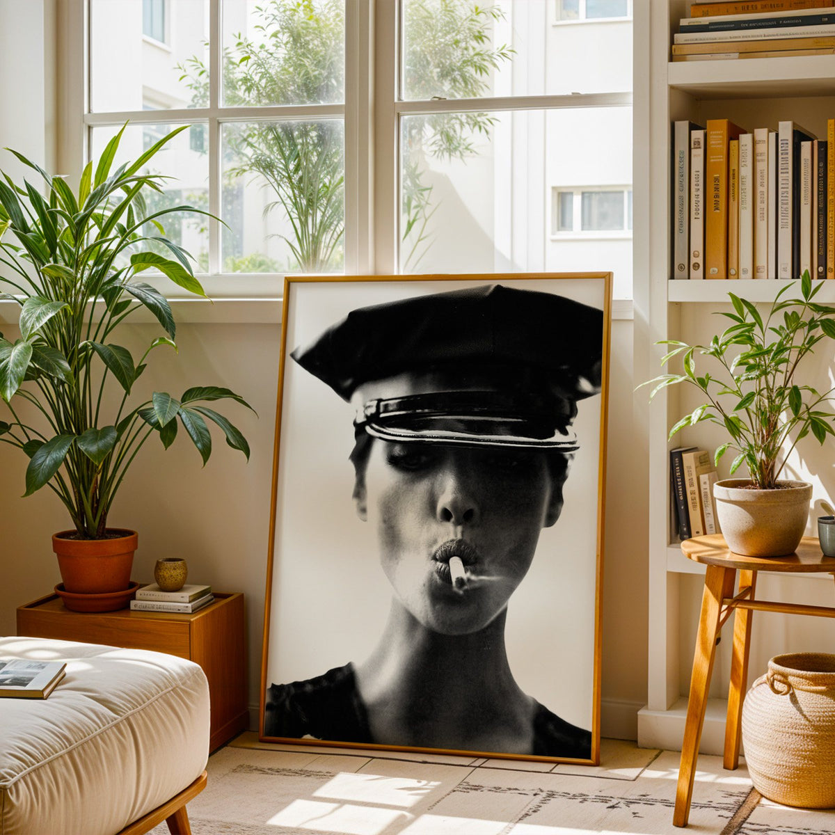 Close portrait under glossy leather cap print shown in a brass frame leaning on a sunlit living room floor