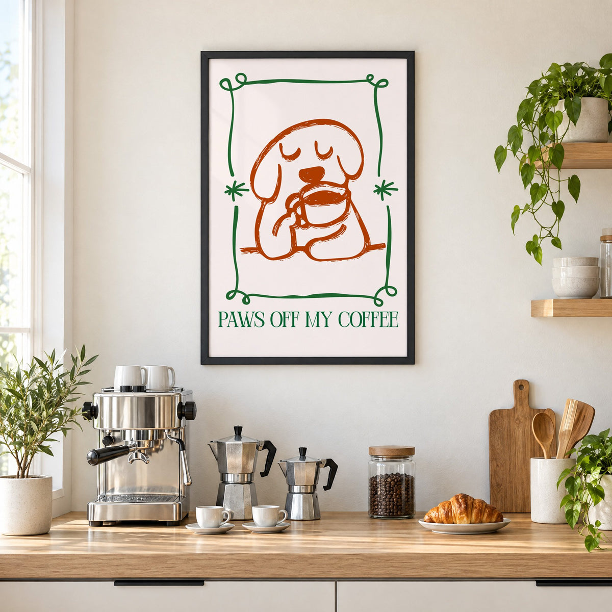 PAWS OFF MY COFFEE dog and mug print in a black frame above a home espresso bar with moka pots and espresso cups
