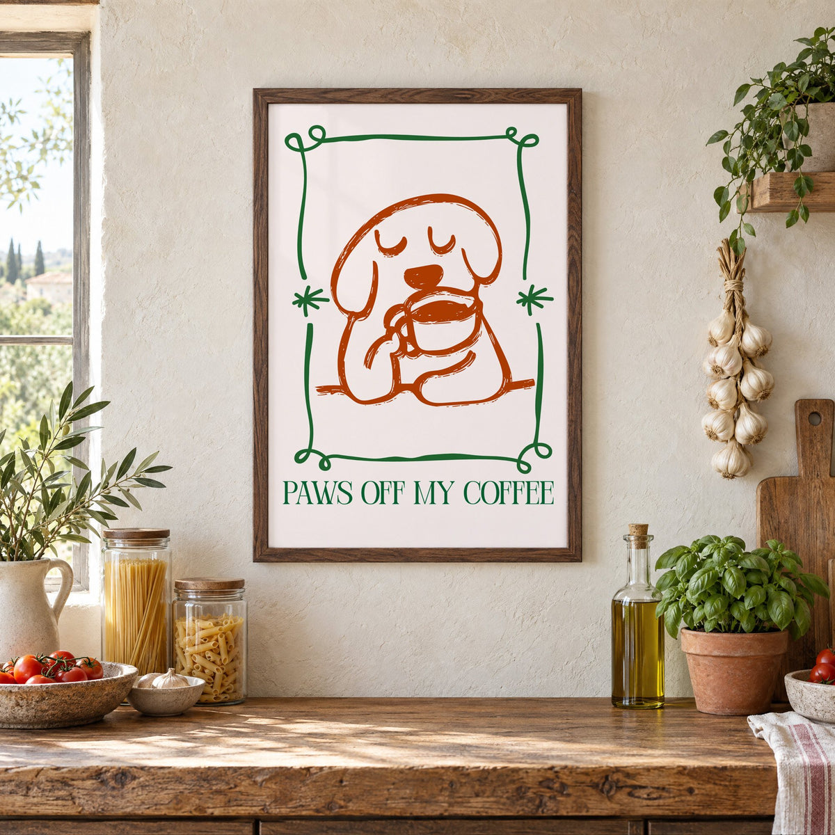 PAWS OFF MY COFFEE dog and mug print in a walnut frame above a rustic Italian pantry counter with pasta jars, garlic and tomatoes
