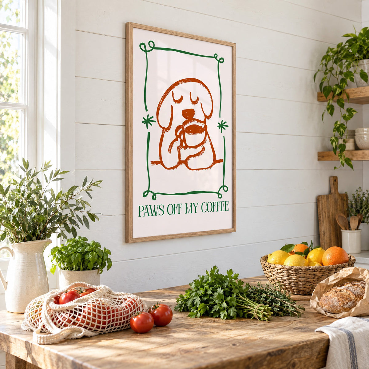 PAWS OFF MY COFFEE dog and mug print in an oak frame on a shiplap wall above a farm table with market tomatoes and citrus, seen at an angle