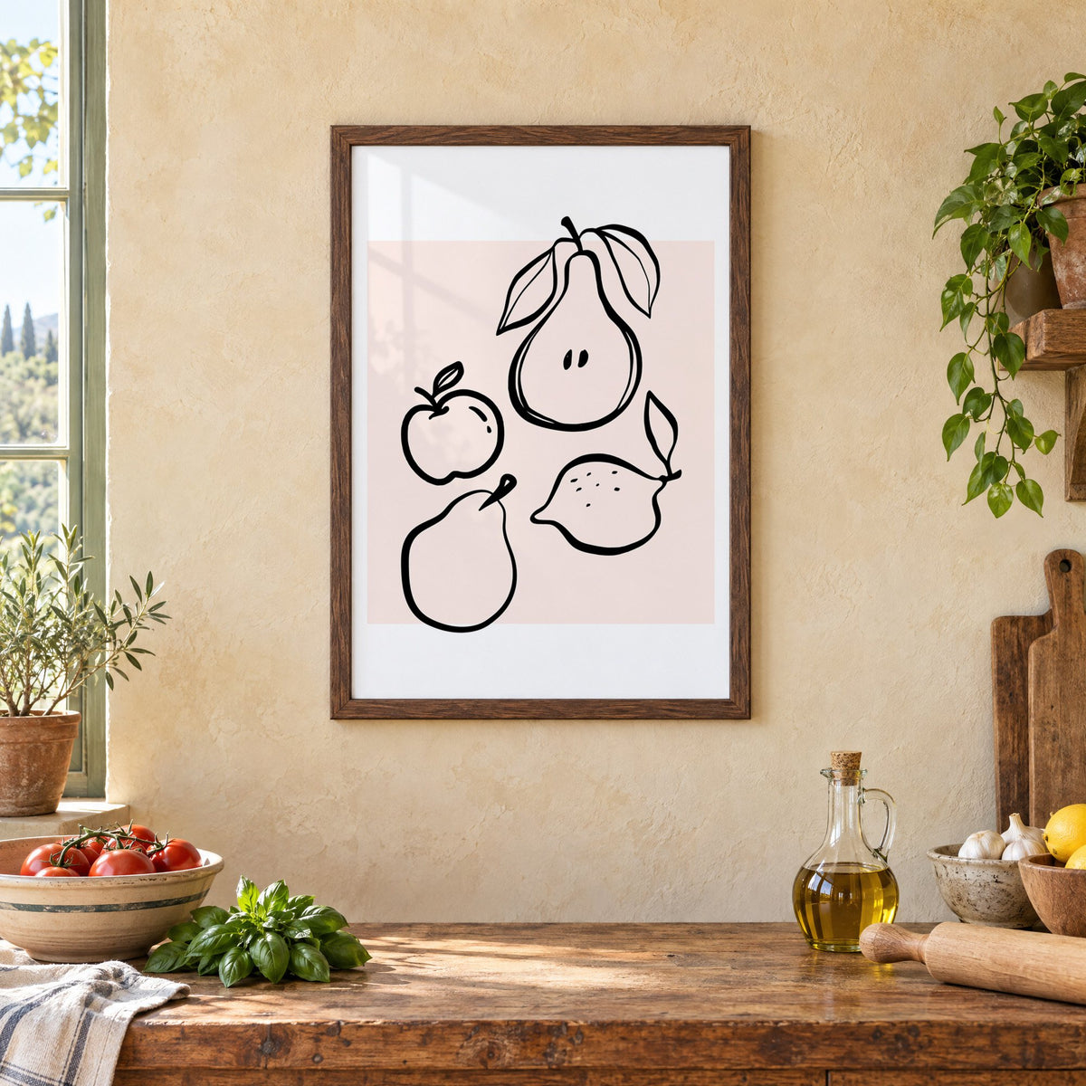 Pear apple lemon black line art print in a walnut frame above a rustic Italian kitchen table with tomatoes