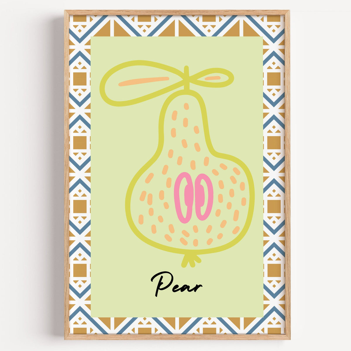 Pear lime line-art zigzag border print in a light oak frame on a plain white wall
