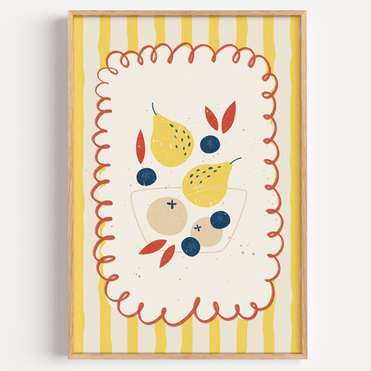 Pears and blueberries print in a light oak frame on a plain white wall