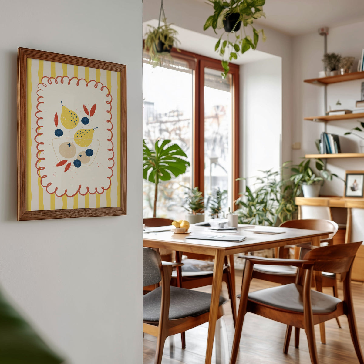 Pears and blueberries print in a walnut frame beside a mid-century dining table