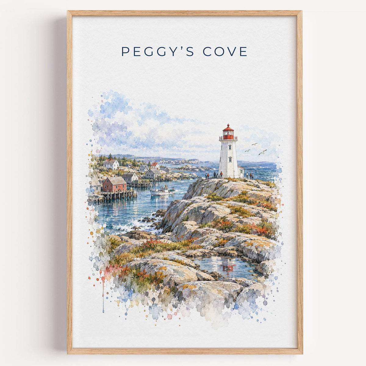 Peggy's Cove watercolor print in a light oak frame on a plain white wall