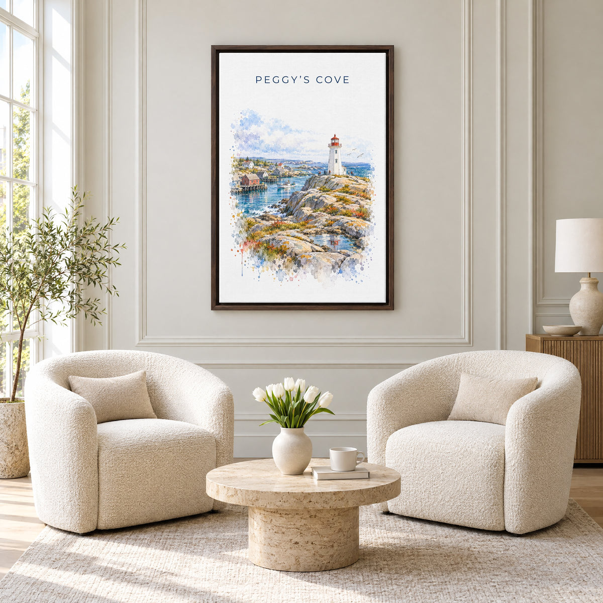 Peggy's Cove watercolor print as an espresso floater canvas above two boucle armchairs in a hotel lounge