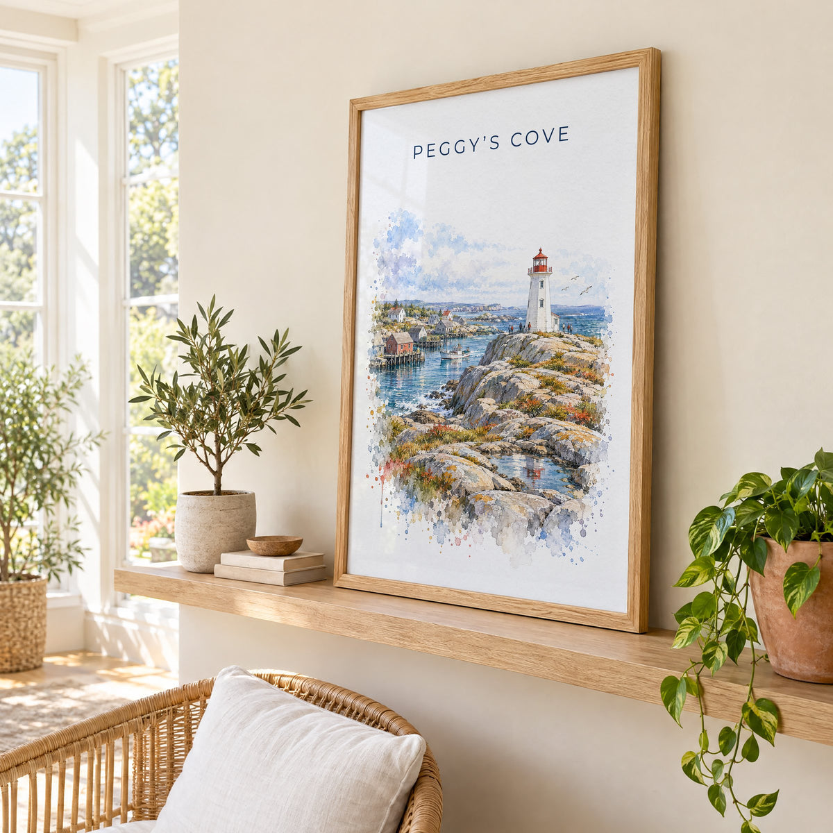 Peggy's Cove watercolor print in an oak frame on a picture ledge in a sunlit sunroom