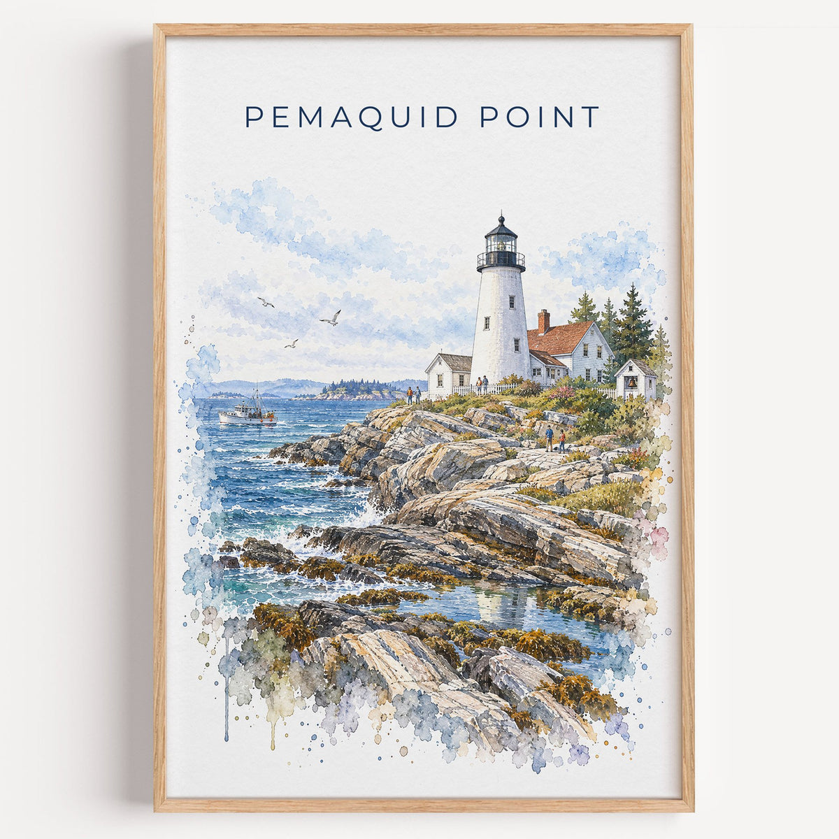 Pemaquid Point watercolor print in a light oak frame on a plain white wall