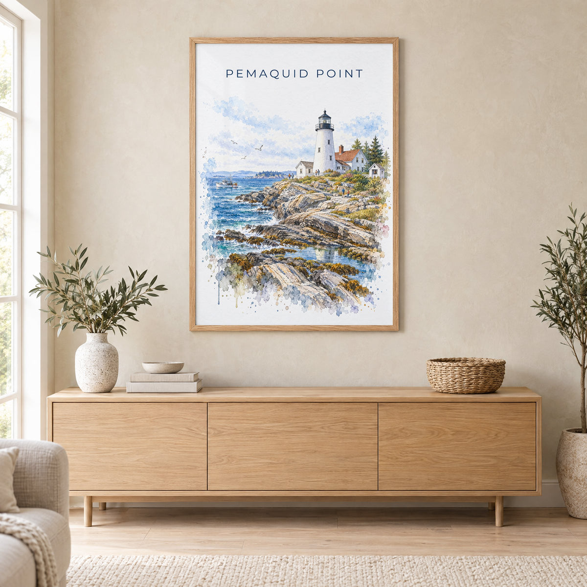 Pemaquid Point watercolor print in an oak frame above a light wood sideboard in a Scandinavian living room
