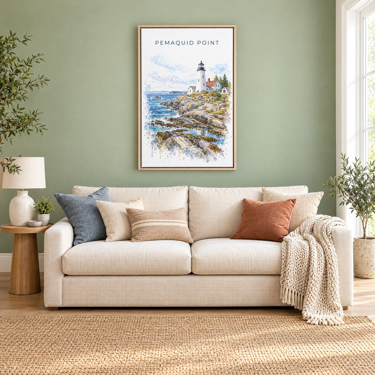 Pemaquid Point watercolor print as a natural floater canvas above a cream linen sofa on a sage green wall