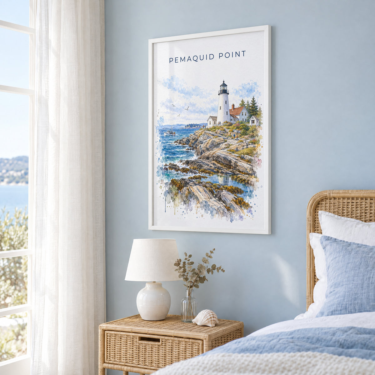 Pemaquid Point watercolor print in a white frame on a pale blue wall beside a rattan bed in a coastal bedroom