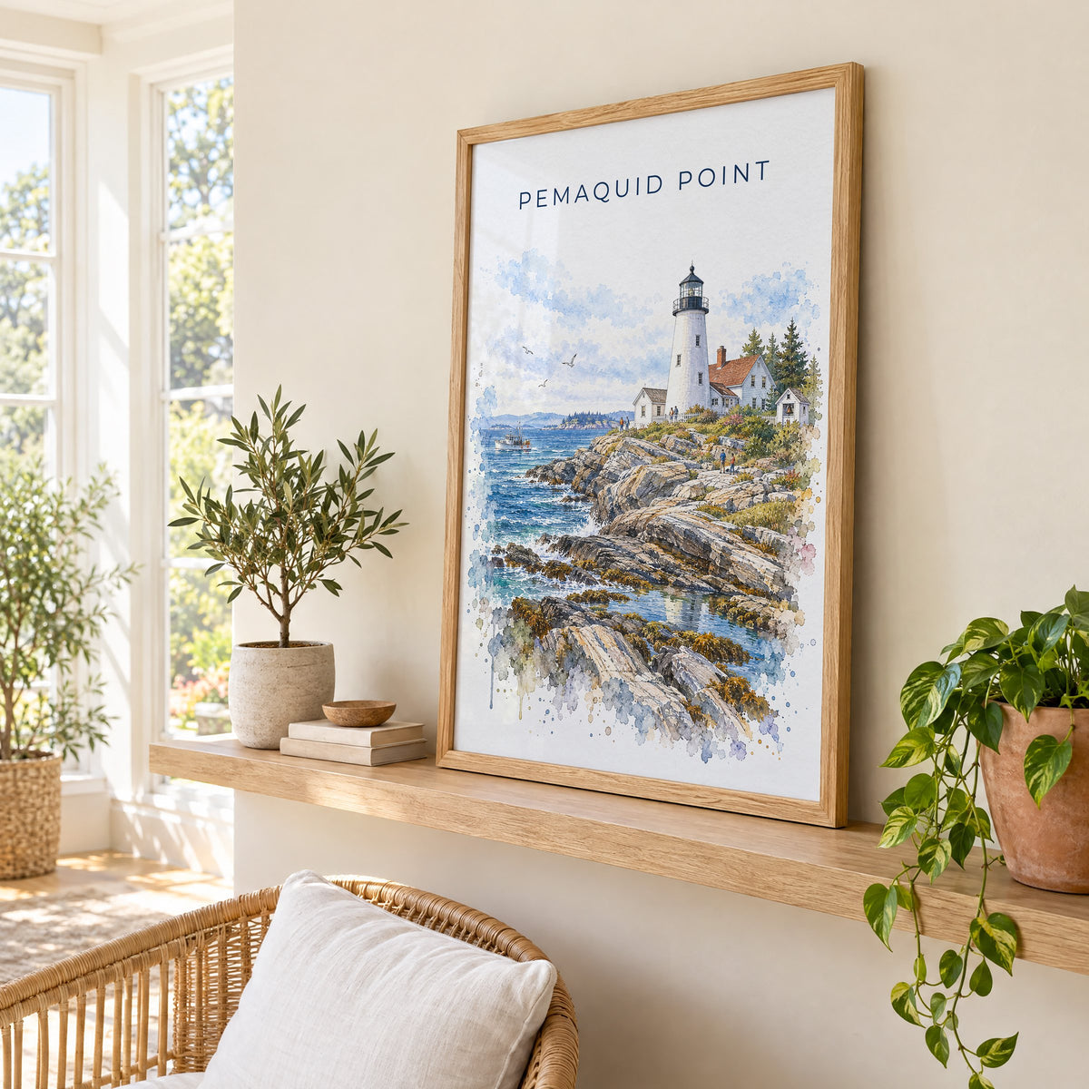 Pemaquid Point watercolor print in an oak frame on a picture ledge in a sunlit sunroom
