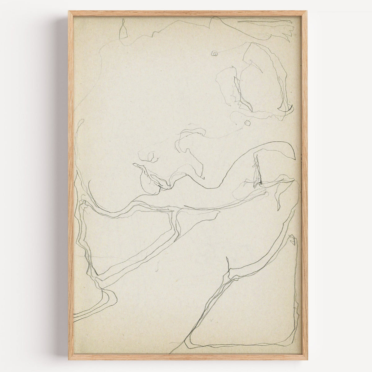 Pencil contour sketch of an abstract profile print in a light oak frame on a plain white wall