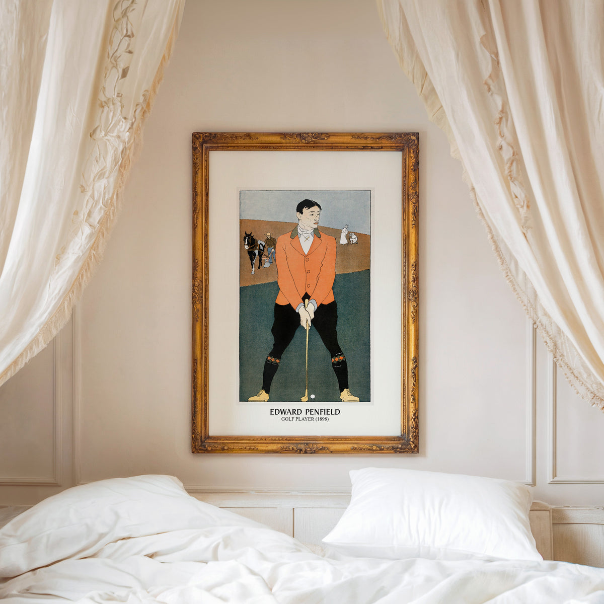 Golf Player print shown in an ornate gold frame above a canopy bed