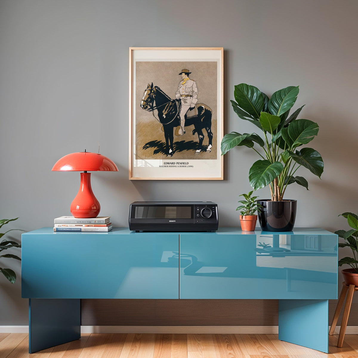 Vintage soldier poster in an oak frame above a teal sideboard with a red lamp