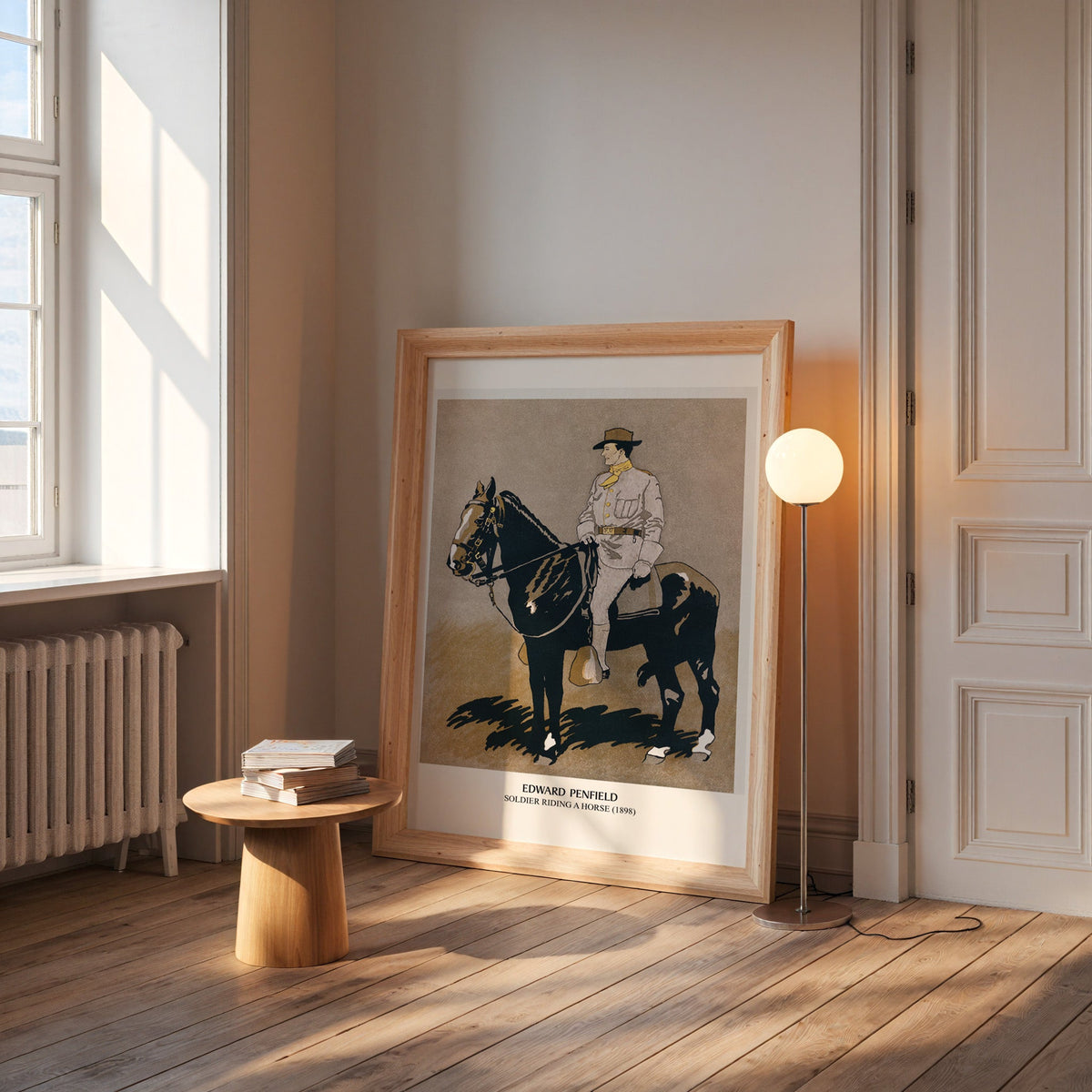 Penfield soldier poster in a wide pine frame leaning by a sunlit window