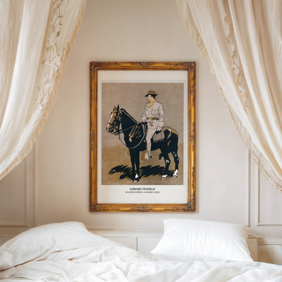 Soldier Riding a Horse print shown in an ornate gold frame above a canopy bed