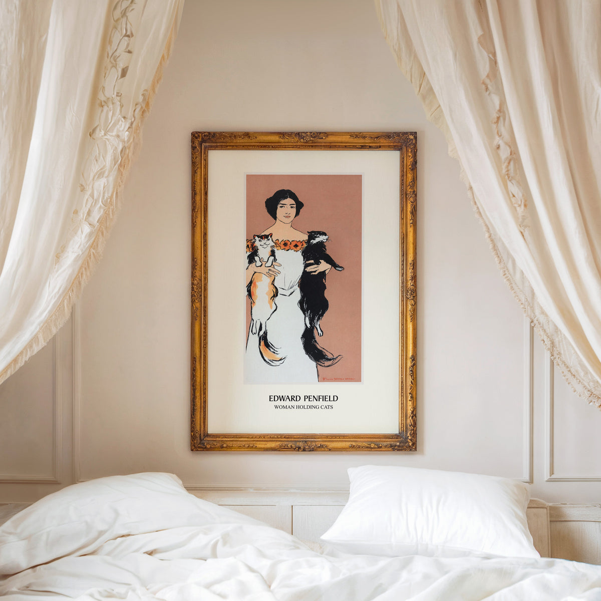 Woman Holding Cats print shown in an ornate gold frame above a canopy bed