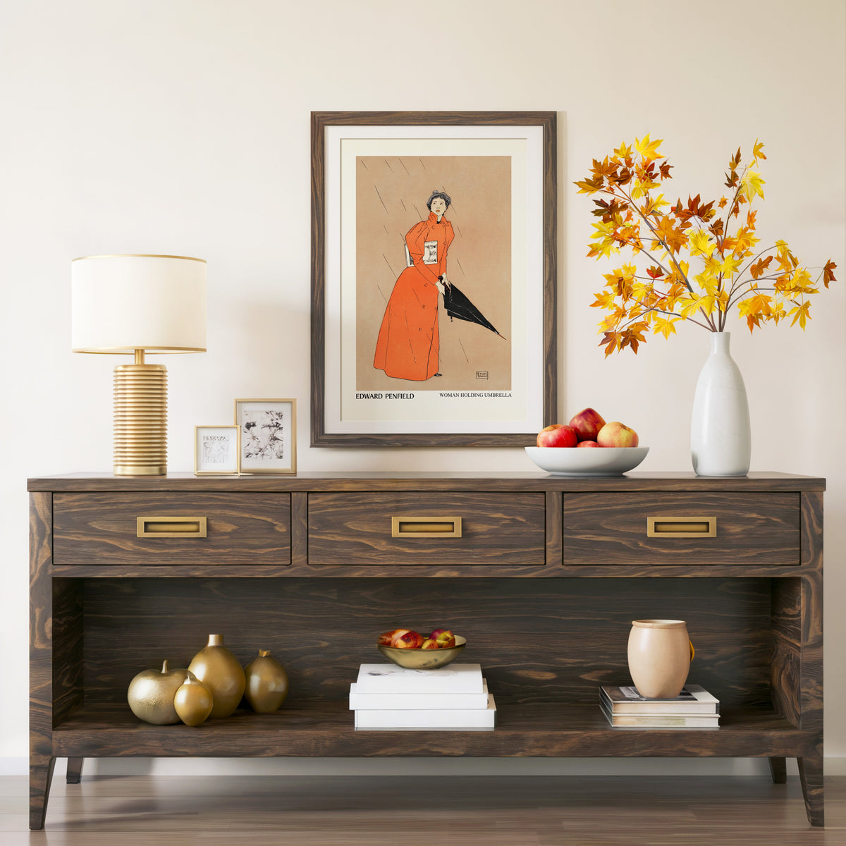 Woman Holding Umbrella print in a walnut frame above a console with branches
