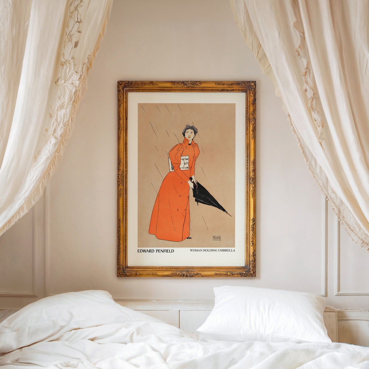 Woman Holding Umbrella print shown in an ornate gold frame above a canopy bed