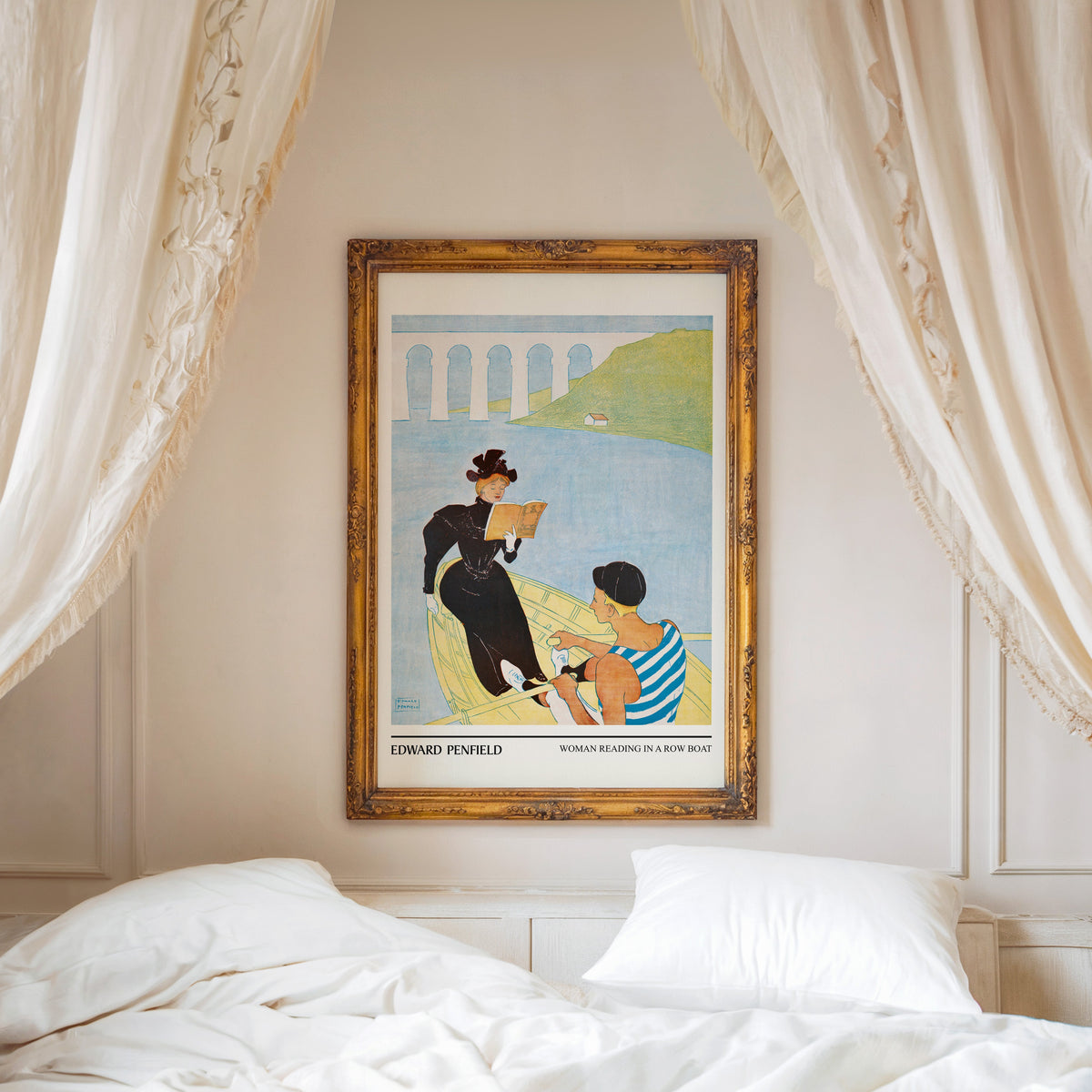 Woman Reading in a Row Boat print shown in a gold frame above a canopy bed