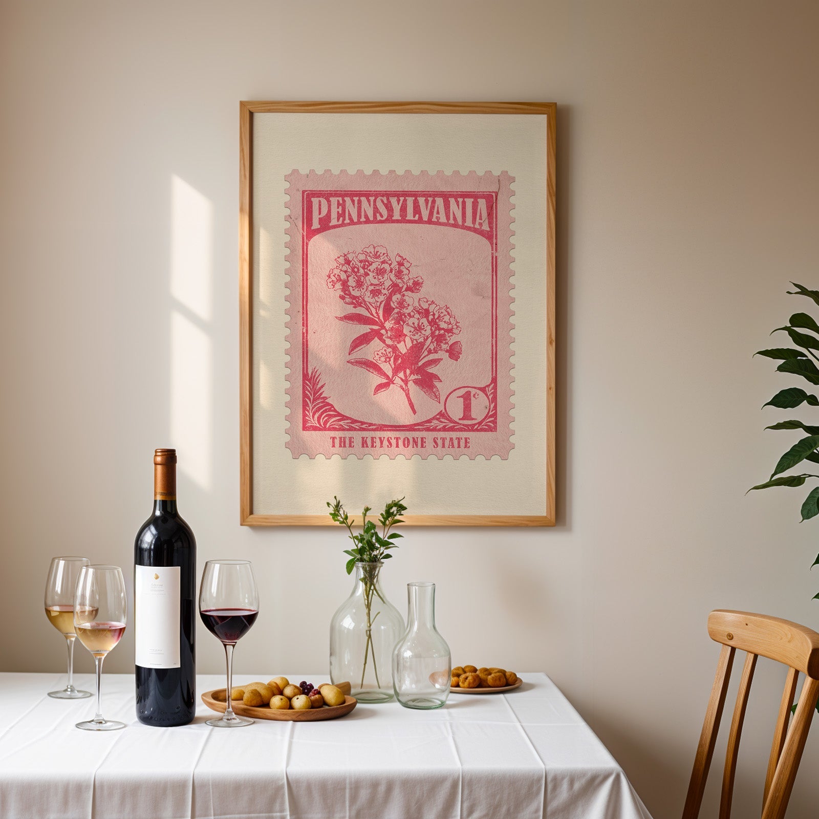 Pennsylvania stamp print framed on the wall above a dining table set with wine, glasses and olives