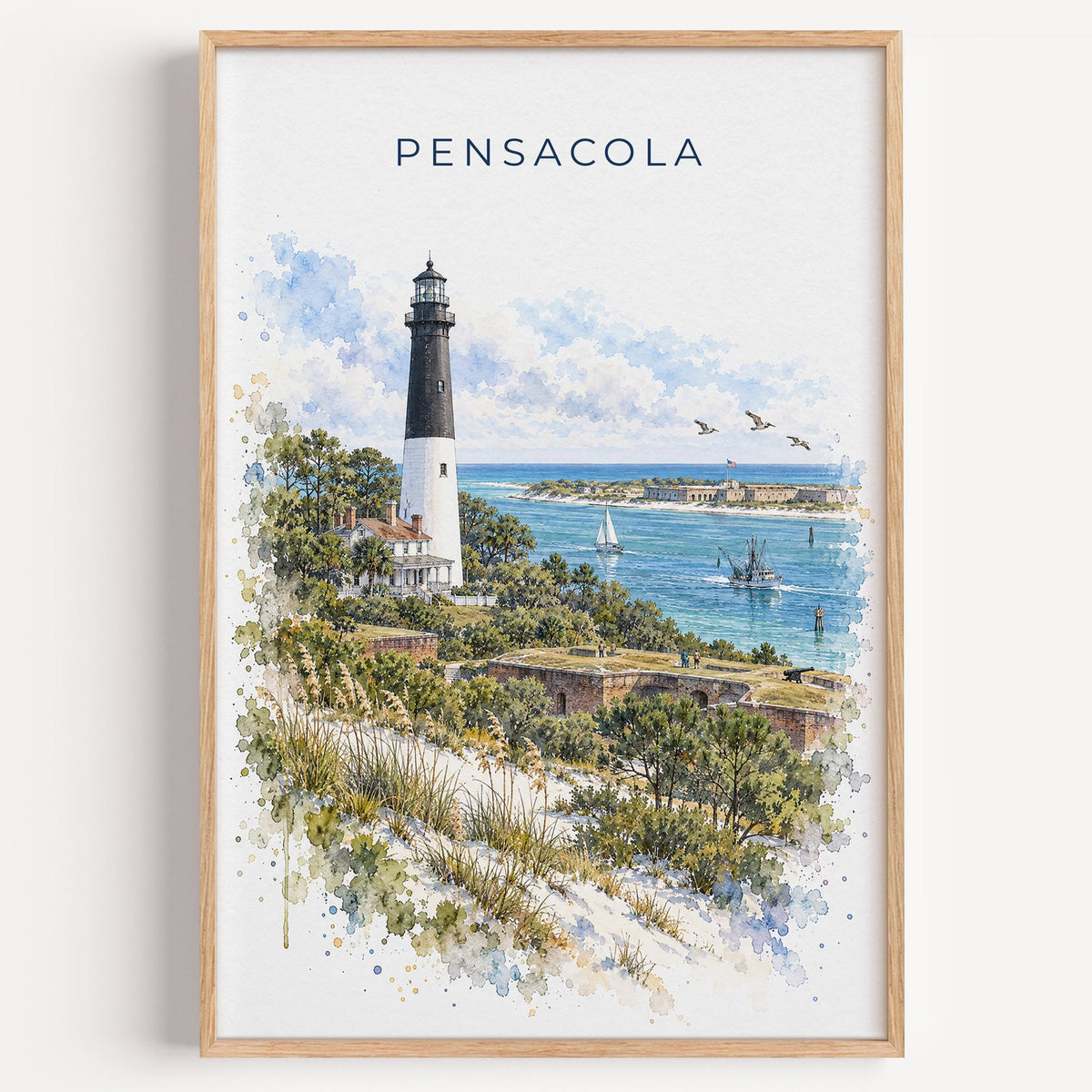 Pensacola watercolor print in a light oak frame on a plain white wall