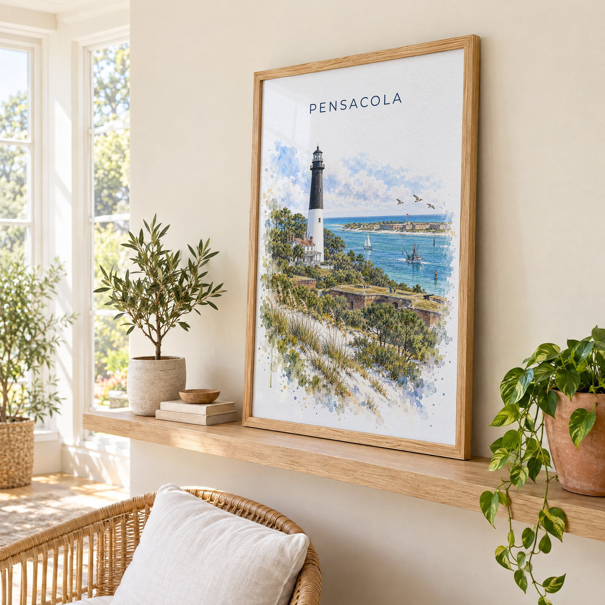 Pensacola watercolor print in an oak frame on a picture ledge in a sunlit sunroom
