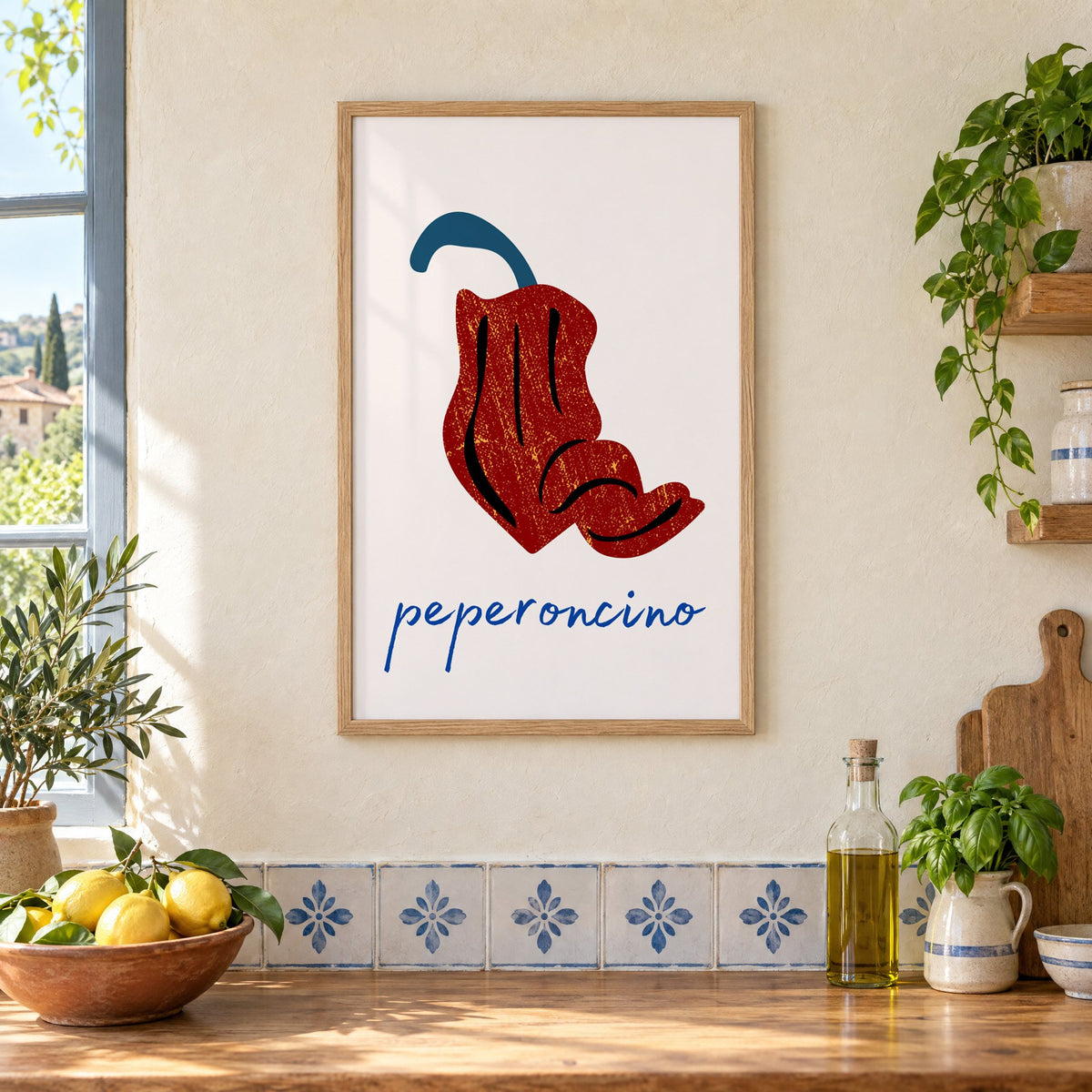 peperoncino red chili grunge print in an oak frame on a cream plaster wall above a worktop with a bowl of lemons and blue-and-white tiles