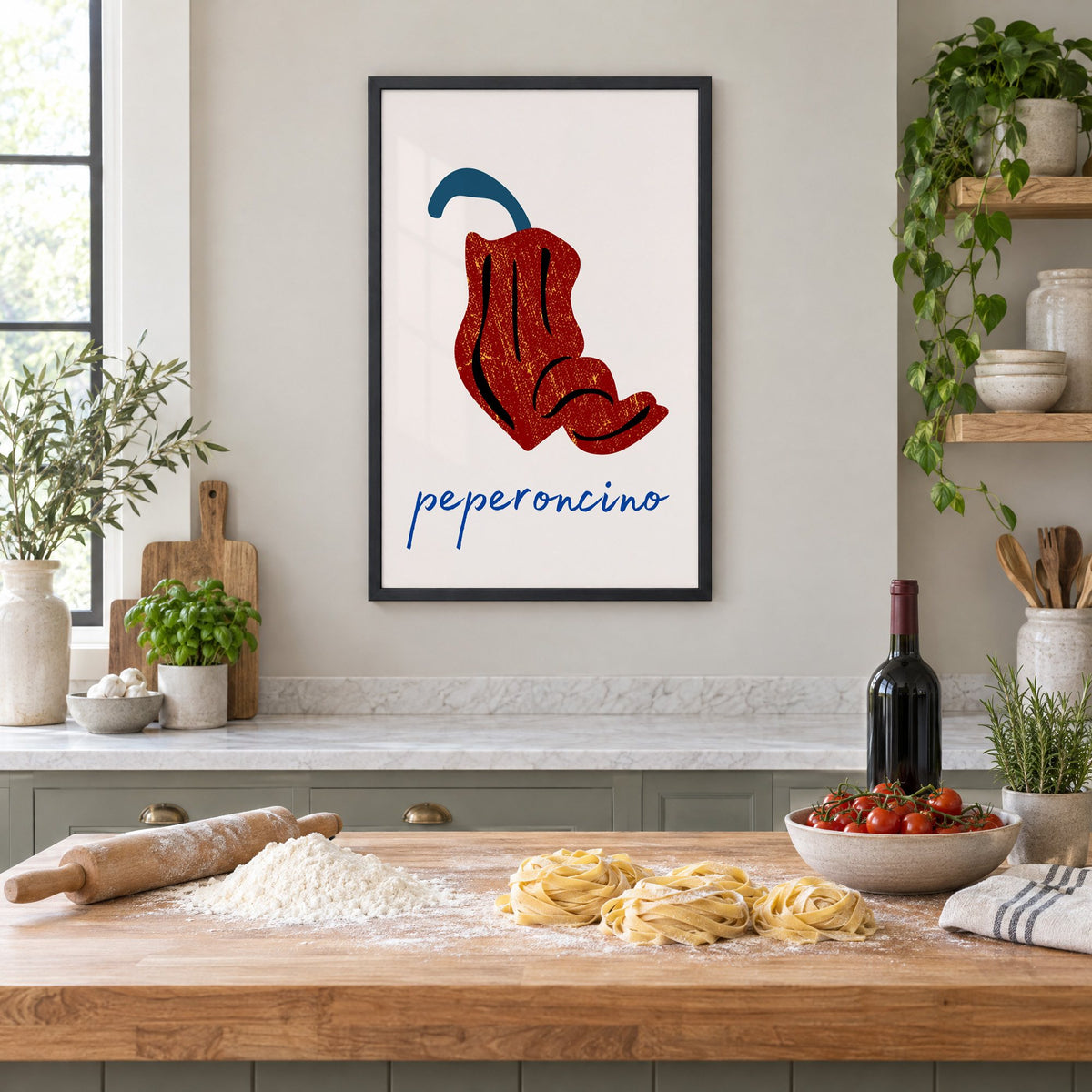 peperoncino red chili grunge print in a black frame above a butcher-block island with fresh pasta, flour and cherry tomatoes