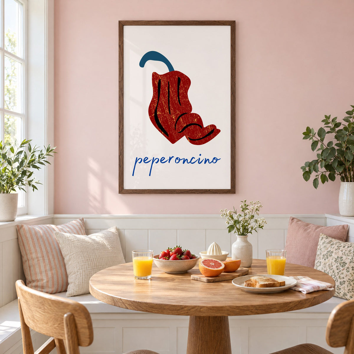 peperoncino red chili grunge print in a walnut frame on a pastel pink wall above a breakfast nook with strawberries and orange juice