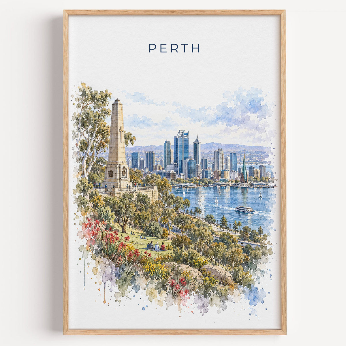 Perth, Australia watercolor print in a light oak frame on a plain white wall