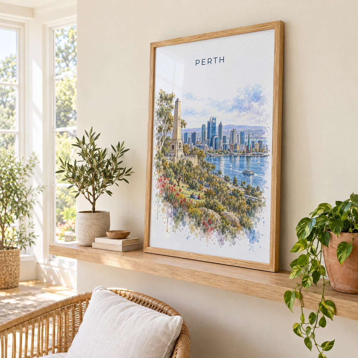 Perth, Australia watercolor print in an oak frame on a picture ledge in a sunlit sunroom