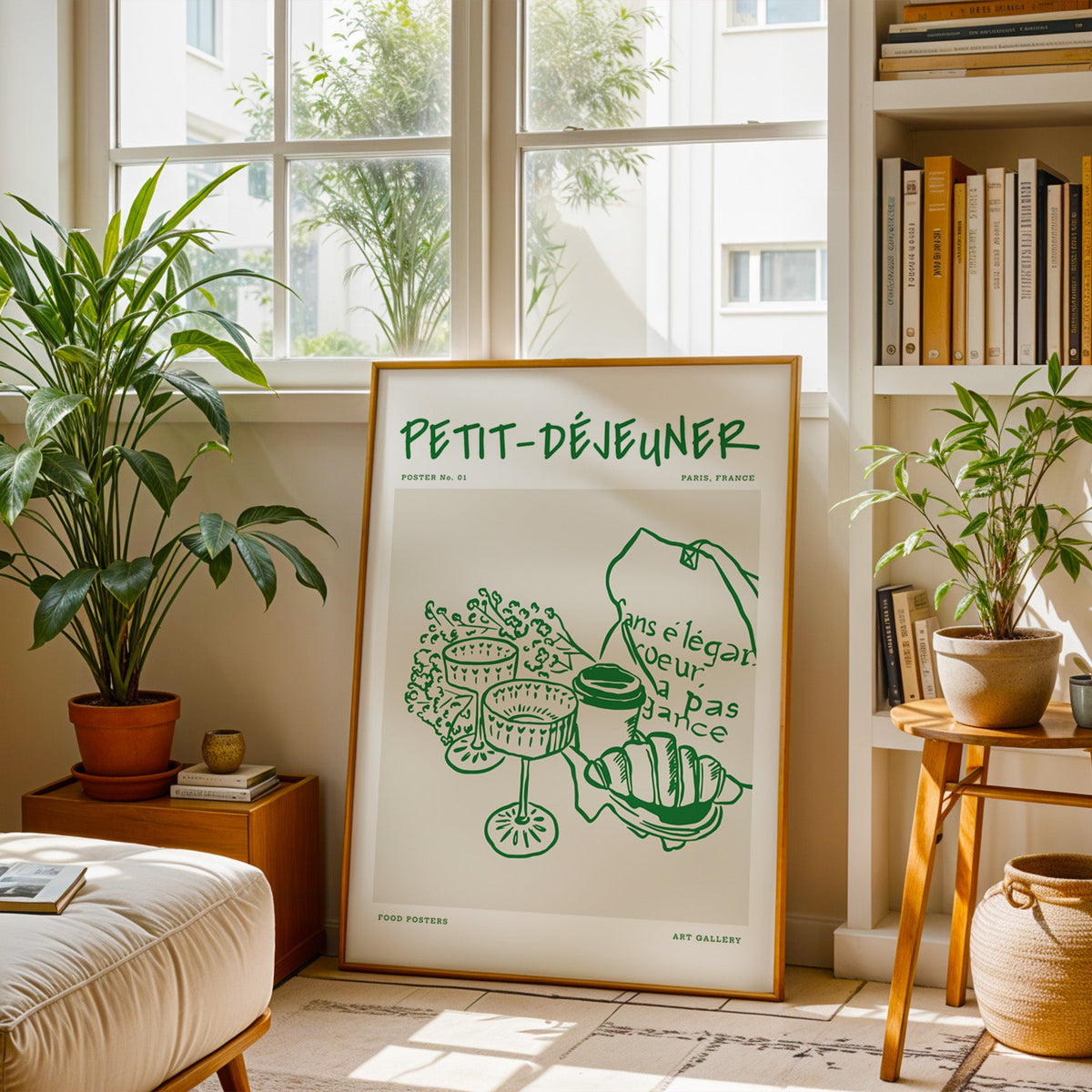 Petit Dejeuner green print in a brass frame resting on a berber rug