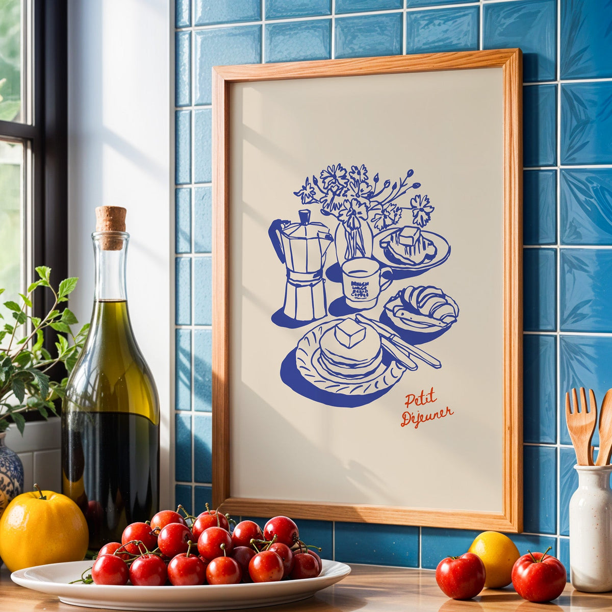 Petit Dejeuner moka pot print in an oak frame against blue tiles with olive oil