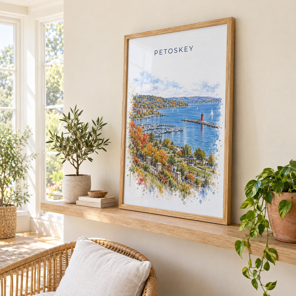 Petoskey watercolor print in an oak frame on a picture ledge in a sunlit sunroom