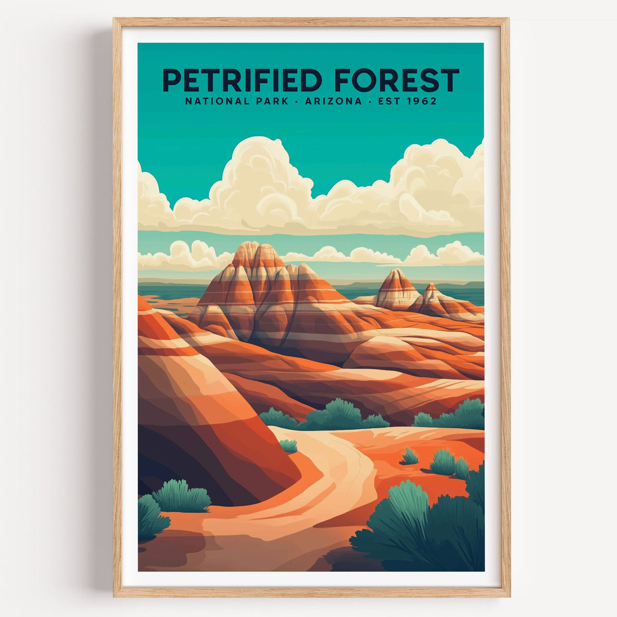 Petrified Forest National Park illustrated print: banded badlands under a bright sky, in an oak frame
