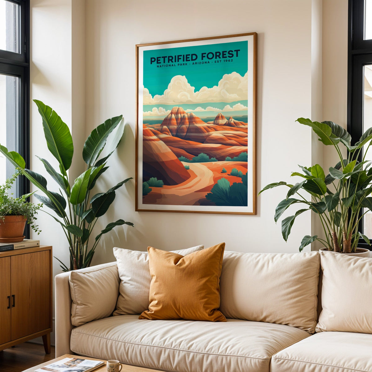 Petrified Forest National Park print in an oak frame above a cream living room sofa with an ochre cushion