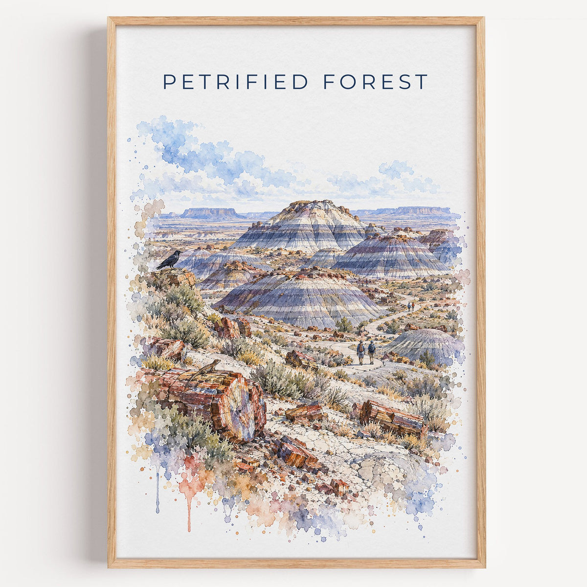 Petrified Forest National Park watercolor print in a light oak frame on a plain white wall