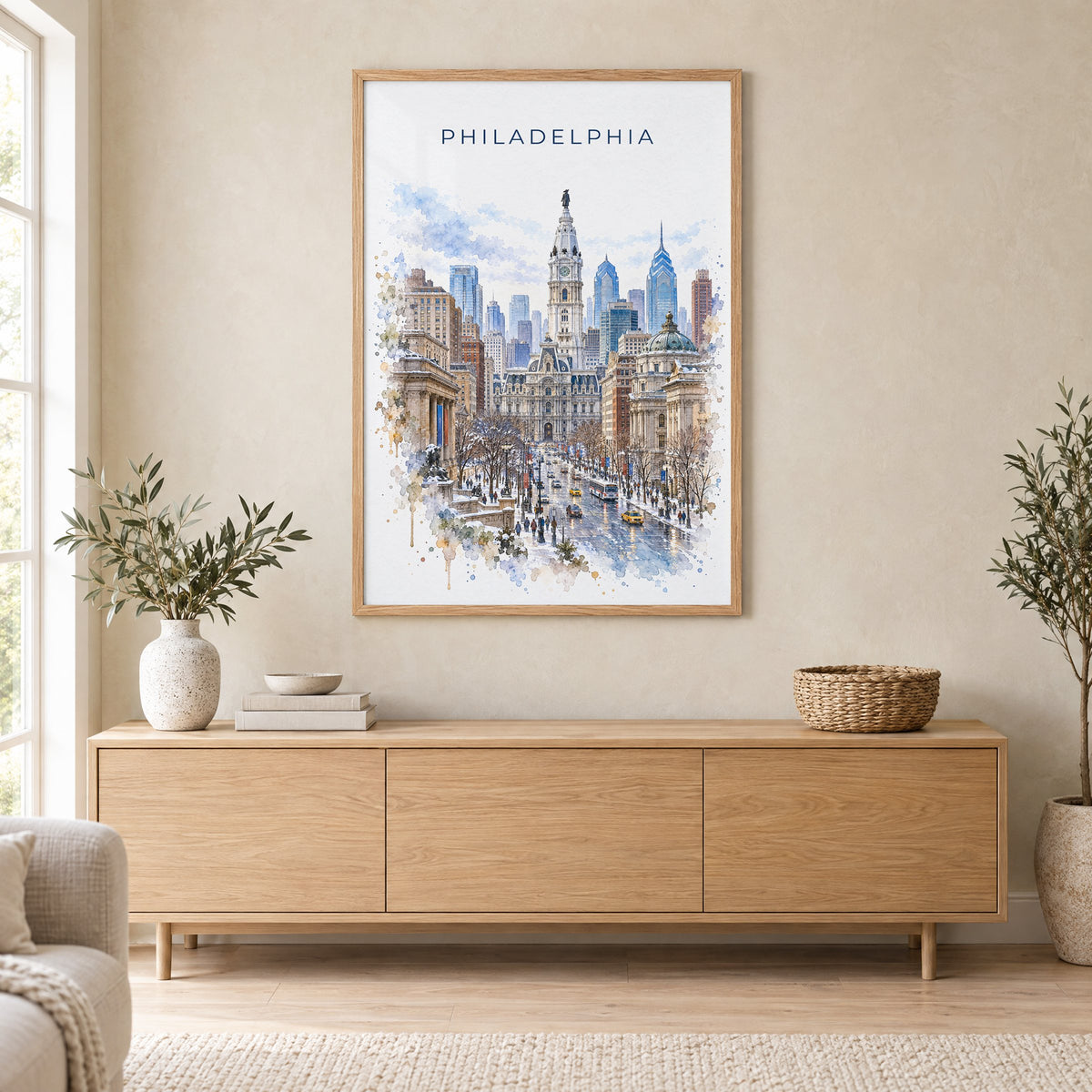Philadelphia City Hall watercolor print in an oak frame above a light wood sideboard in a Scandinavian living room
