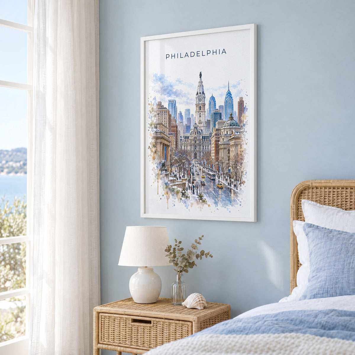 Philadelphia City Hall watercolor print in a white frame on a pale blue wall beside a rattan bed in a coastal bedroom