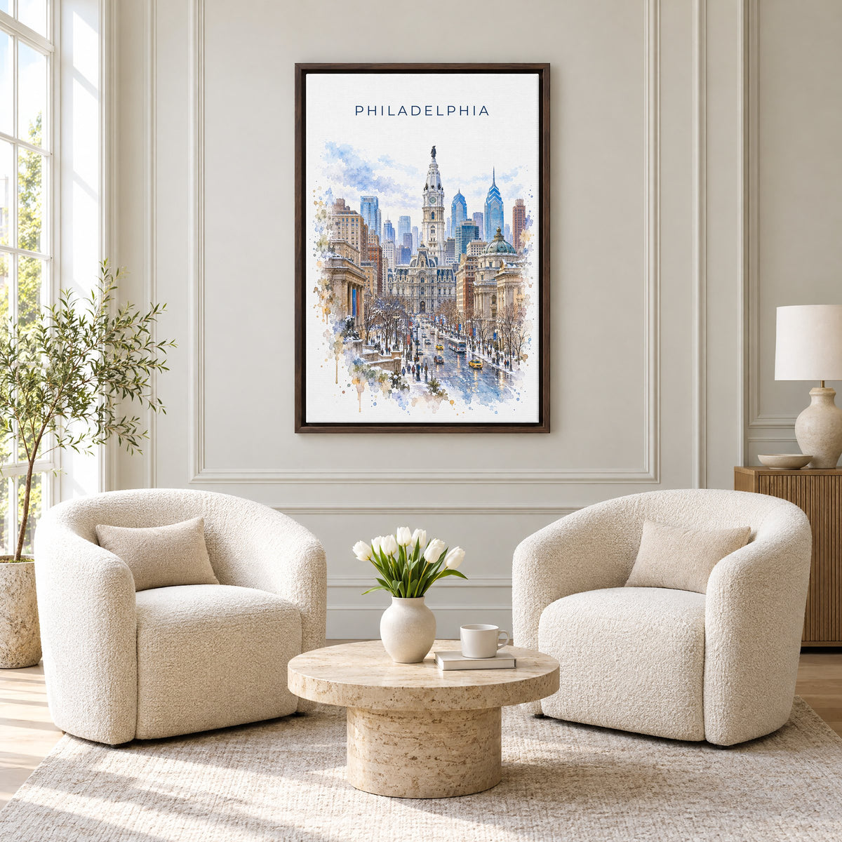 Philadelphia City Hall watercolor print as an espresso floater canvas above two boucle armchairs in a hotel lounge
