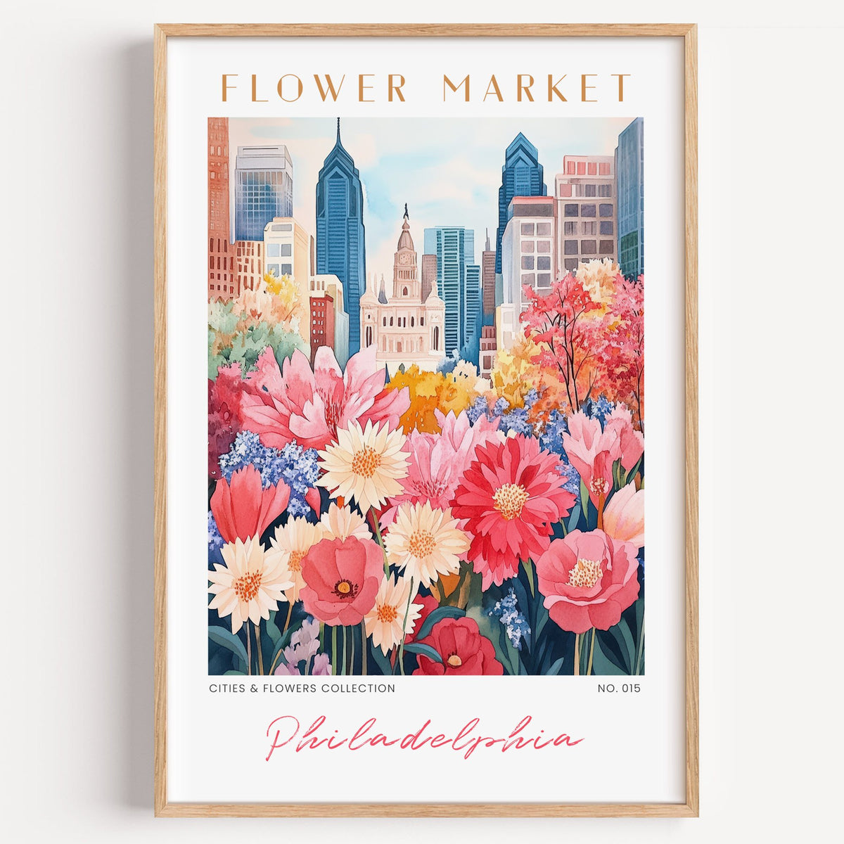Philadelphia flower market print in a light oak frame on a plain white wall