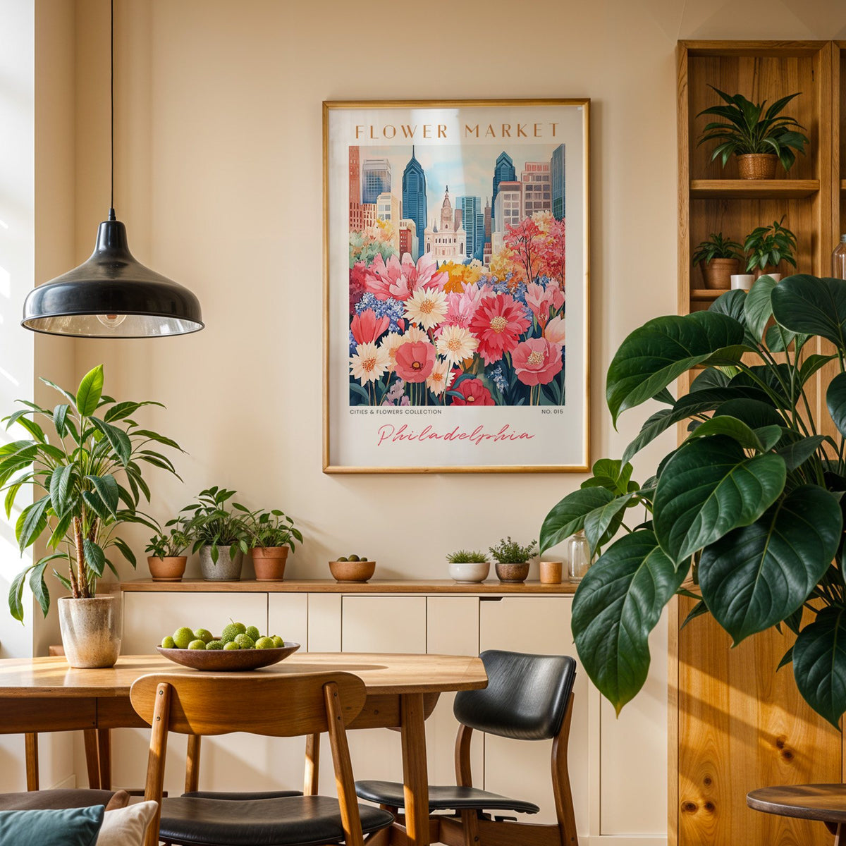 Philadelphia flower market print in an oak frame above a dining sideboard lined with potted plants