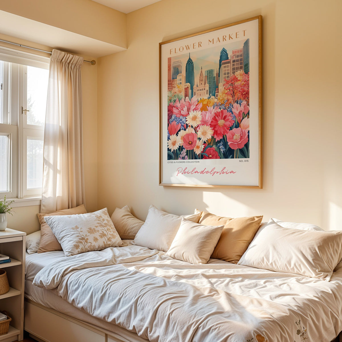 Philadelphia flower market print in an oak frame above a cream daybed in a sunny bedroom