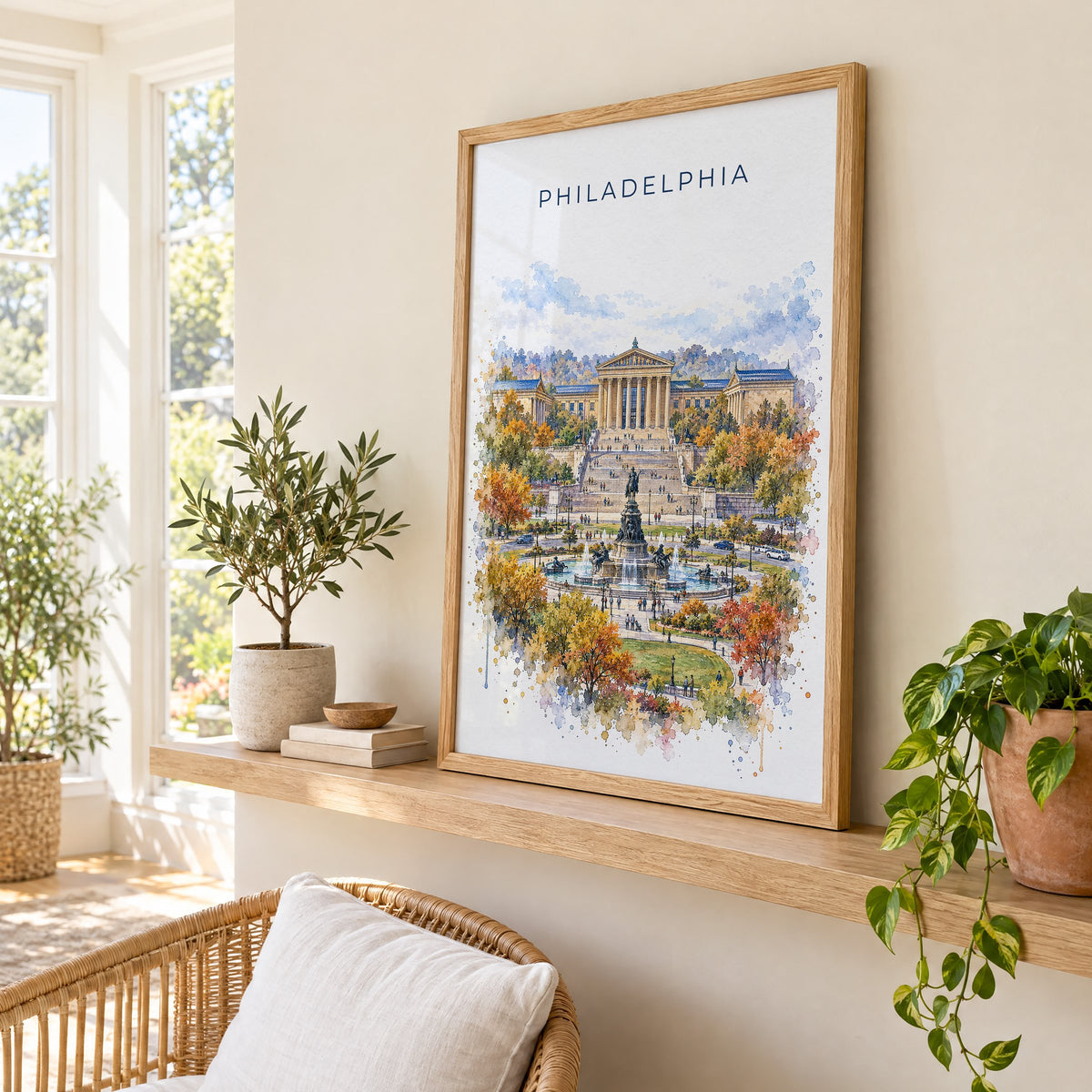 Philadelphia Museum of Art watercolor print in an oak frame on a picture ledge in a sunlit sunroom