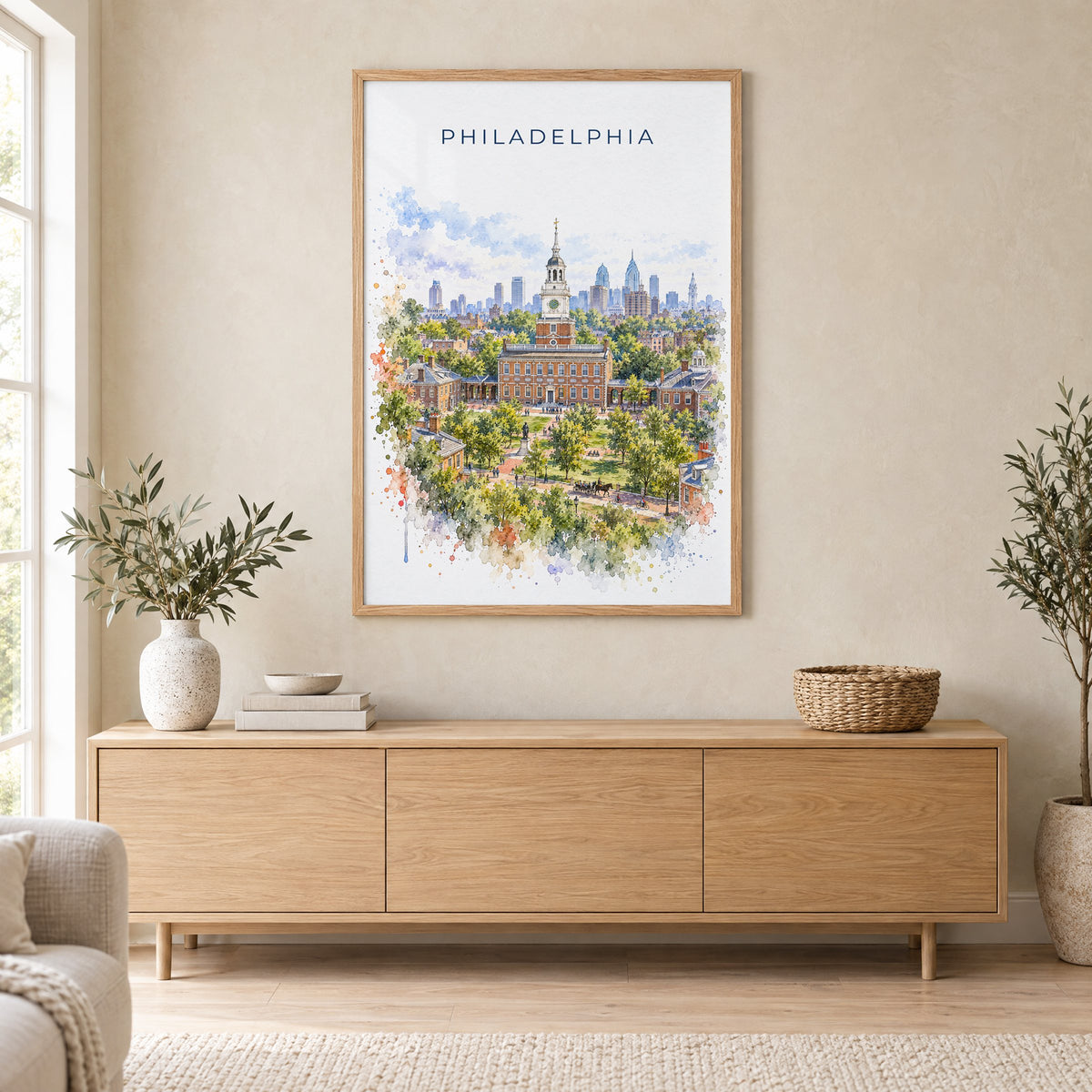 Philadelphia watercolor print in an oak frame above a light wood sideboard in a Scandinavian living room