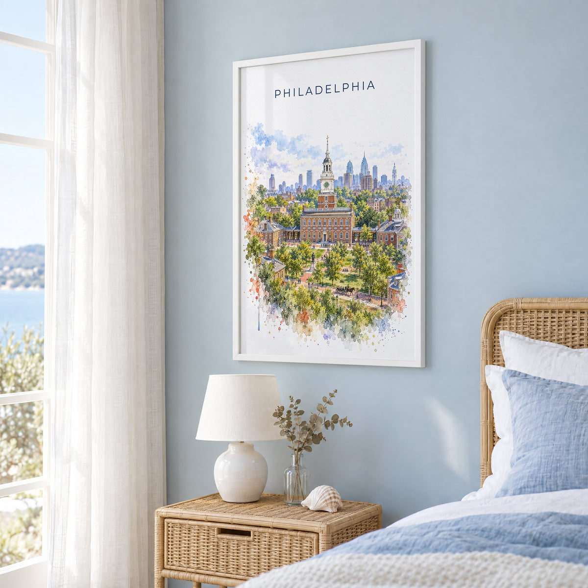 Philadelphia watercolor print in a white frame on a pale blue wall beside a rattan bed in a coastal bedroom